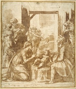 The Nativity (penn og brunt blekk med brun vask på hvitt papir) av Parmigianino