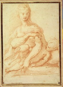 Jomfruen leker med barnet på fanget (rødt kritt på hvitt papir) av Parmigianino