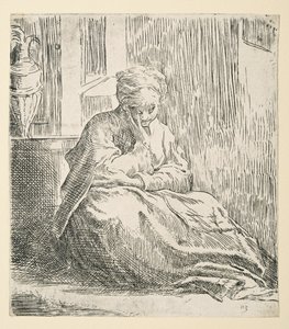 Kvinne sittende på bakken, kjent som Saint Thais (Etching) av Parmigianino