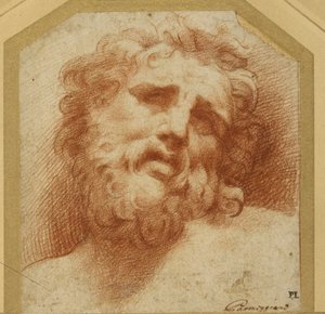 Et skjeggete hode, ser opp (muligens Laocoon) (rødt kritt på hvitt papir) av Parmigianino