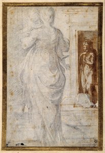 Baksiden av en kvinne som bærer et barn; en mann som lener seg på staven venter i en døråpning (svart kritt med penn og brunt blekk og sløyfevask på hvitt papir) av Parmigianino