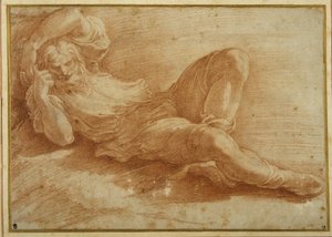 Skjeggfigur, sover (rødt kritt på hvitt papir) av Parmigianino