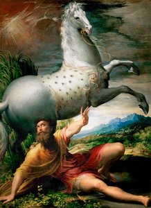 "The Conversion of Saint Paul on the Road to Damaskus" Maleri av Girolamo Francesco Maria Mazzola eller Mazzuoli dit il Parmigianino med kallenavnet The Parmesan (1503-1540) circa 1528 Art History Museum, Wien av Parmigianino