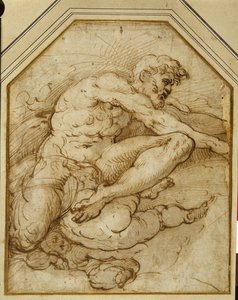 Mannsfigur, født høyt i skyer av putti (penn og brunt blekk med vask på papir) av Parmigianino