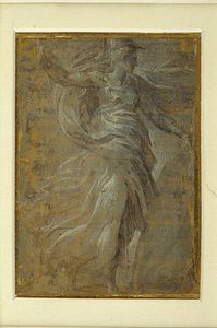 Minerva med et skjold i venstre hånd, en lanse i høyre (metallspiss på forberedt gulaktig grunn) av Parmigianino