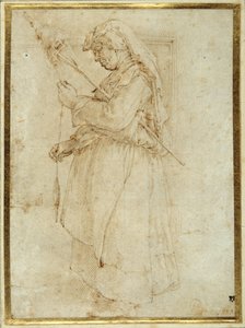Gammel kvinne med en distaff, stående foran en peis (penn og brunt blekk på hvitt papir) av Parmigianino