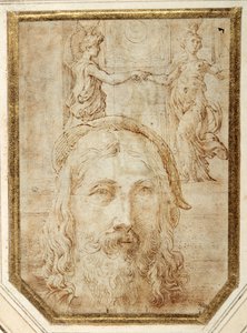 Selvportrett, pålagt forstudier for to canephori av Steccata (penn og brunt blekk på hvitt papir) av Parmigianino