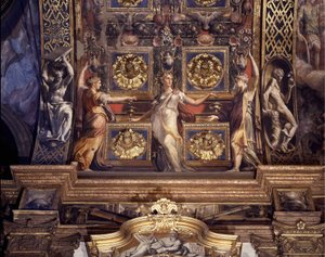Tre av de fem gale jomfruene. Detalj av freskomaleriene av Francesco Mazzola (1503-1540) kjent som The Parmigianino (The Parmesan) som dekorerer hovedhvelvet til Major Chapel of the Church of the Madonna della Steccata i Parma. av Parmigianino