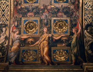 Tre kloke jomfruer, detalj av Tre kloke jomfruer og tre tåpelige jomfruer, av Francesco Mazzola kjent som Il Parmigianino, freskomaleri, undersiden av buen til presbyteriet, helligdommen Santa Maria della Steccata, Parma, Emilia-Romagna. Italia av Parmigianino