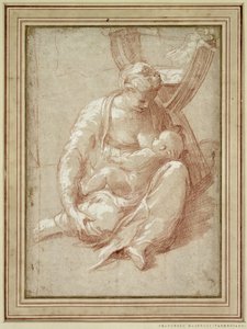 Jomfru sitter på bakken og ammer barnet av Parmigianino