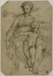 Jomfru og barn (recto); Skisse av tre hellige og karikaturskisse (verso) av Parmigianino