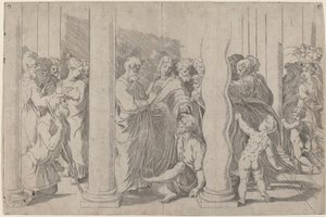 De hellige Peter og Johannes helbreder den lamme mannen ved Golden Gate av Parmigianino after Raphael