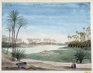 Egypt: Utsikt over landsbyen Metriham nær Memphis. 1819 Tegning av Pascal Coste (1787-1879) Museum of Mediterranean Archaeology, Marseille av Pascal Xavier (after) Coste