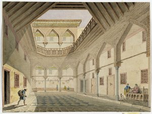 Utsikt over det indre av en caravanserail, hjemmet til Azir Osman Agha. Akvarell av Pascal Coste (1787–1879) Museum of Mediterranean Archaeology, Marseille