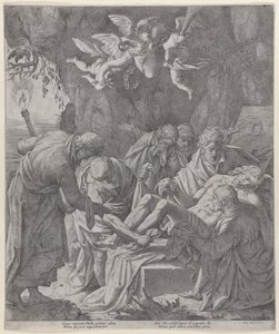 Kristus blir lagt i graven mens jomfruen står og gråter bak, 1600-30., 1600-30. av Pasquale Ottino