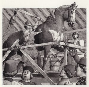 Andrea Verrocchio knuser hodet fra hestestatuen sin (gouache på papir)