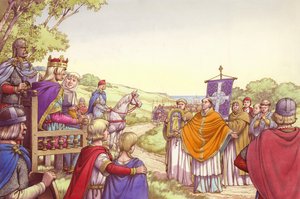 Augustin står overfor kong Ethelbert og hans dronning, Bertha (gouache på papir)