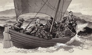 Bonnie Prince Charlie drar til Isle of Skye (gouache på papir)