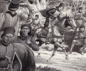 Konspiratorer ser på mens Lorenzo de Medici rir forbi (gouache på papir)
