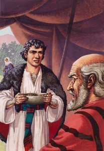 Jakob, i forkledning, bringer en rett med varmt hjortekjøtt til sin far Isak (gouache på papir)