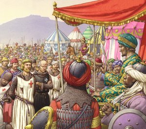 Saladin beordrer henrettelsen av 200 tempelriddere og hospitalriddere (gouache på papir)