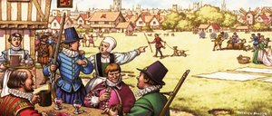 Uidentifisert scene fra 1600-tallet av menn som drikker på et vertshus ved en allmenning