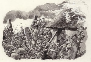 En romersk legion stormer Jomfruslottet (gouache på papir)