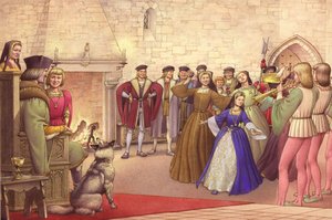 En fest fulgte Katarina av Aragons ankomst til England for å gifte seg (gouache på papir)