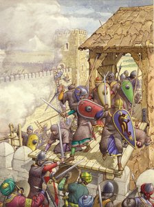Godfrey de Bouillons styrker bryter gjennom Jerusalems murer (gouache på papir)