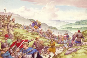 Kong Aethelfrith sender soldat for å slakte tolv hundre munker (gouache på papir)