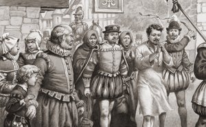 Kong Henrik III av Frankrike gjør bot ved å gå gjennom gatene i Paris i en hårskjorte mens han blir pisket (gouache på papir)