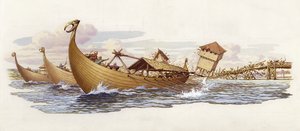 Olaf av Norge river ned støttene til London Bridge (gouache på papir)