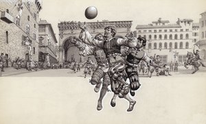 Å spille fotball i Firenze (gouache på papir)