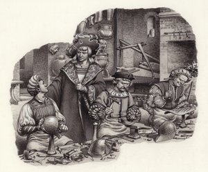 Keiser Maximilian i verkstedet til våpensmeden sin (gouache på papir)