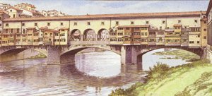Ponte Vecchio slik den så ut på 1970-tallet (gouache på papir)