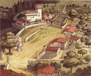 Medici-familiens befestede villa i Trebbio (gouache på papir)