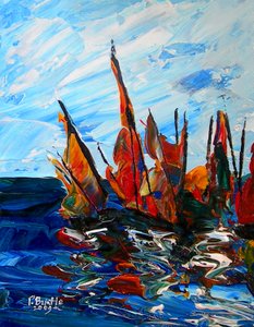 Seilbåter ved Port a Bainet, 2009 (akryl på tre) av Patricia Brintle