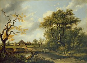 Hestedrikking ved en dam (olje på panel)