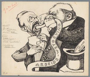 Statsråd Aalberse og arbeidsgiver Minister Aalberses rene fjær (tittel på objekt) av Patricq Kroon (signed by artist)