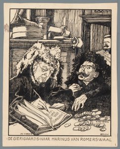Ministrene De Visser og Simon de Vries som skatteoppkreverne The Misers: etter Marinus van Romerwaal (tittel på objekt) av Patricq Kroon (signed by artist)