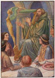 Dagdaen tok harpen sin og slo noen akkorder (farge litho)