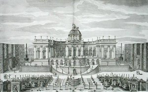 Den store grotten og fontenehagen ved Princely Pleasure Palace and Gardens, Berlin, gravert av Johann August Corvinus (1683-1738), publisert ca. 1711-16 (gravering)