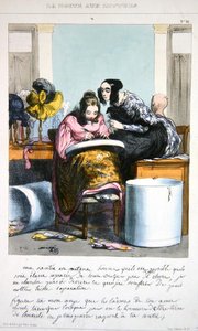 Arbeider i en hattemakerbedrift som skriver et brev, ca. 1840 (farge litho)