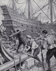 Bygging av den engelske gallionen Ark Royal, flaggskipet i kampen mot den spanske armadaen i 1588 (litho)