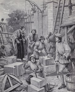 Kong Henry VI hadde tilsyn med bygningen av Eton College som han grunnla i 1440 (litho)