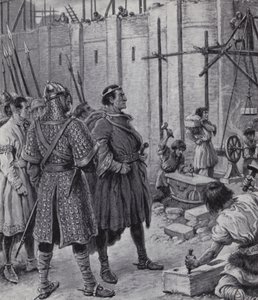 Vilhelm Erobreren fører tilsyn med bygningen av Tower of London (litho)