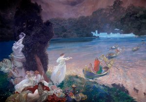 Happy Island: scene med fabel som representerer båter som blir med gjester på en bankett på gresset. Detalj av et maleri på tapet av Paul Albert Besnard (1849-1934). 1900. Paris, Dekorativ kunst