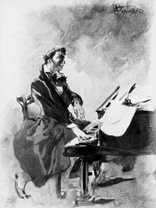 Komponisten og pianisten Frederic Chopin spiller piano, av Albert Besnard (1849-1934), akvarell