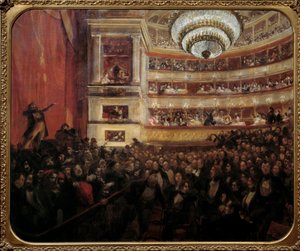 Premiere på Hernani Premiere representasjon av stykket "" Hernani"" av Victor Hugo (1802-1885) på Comedie Francaise 25.02.1830. Maleri av Paul Albert Besnard (1849-1934) 1800-tallets søn. 1,05x1,22 m Paris, hus Victor Hugo