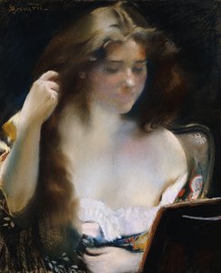 Ung kvinne på toalettet hennes; Ung kvinne ved toalettet hennes, av Paul Albert Besnard
